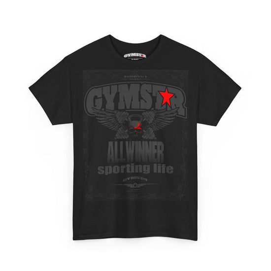 Black GYMSTAR t-shirt with graphic design and text on a white background