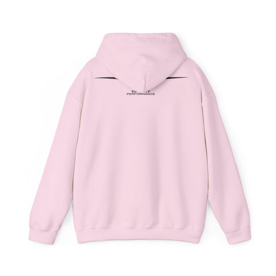 Pink hoodie with text on the back against a white background