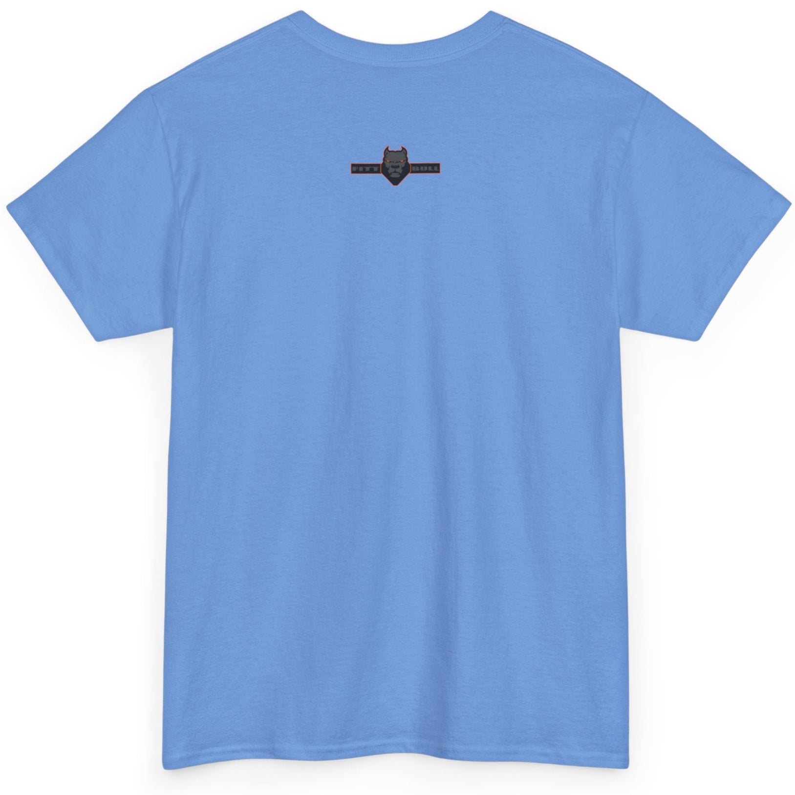 Blue t-shirt with a small logo on the back against a white background