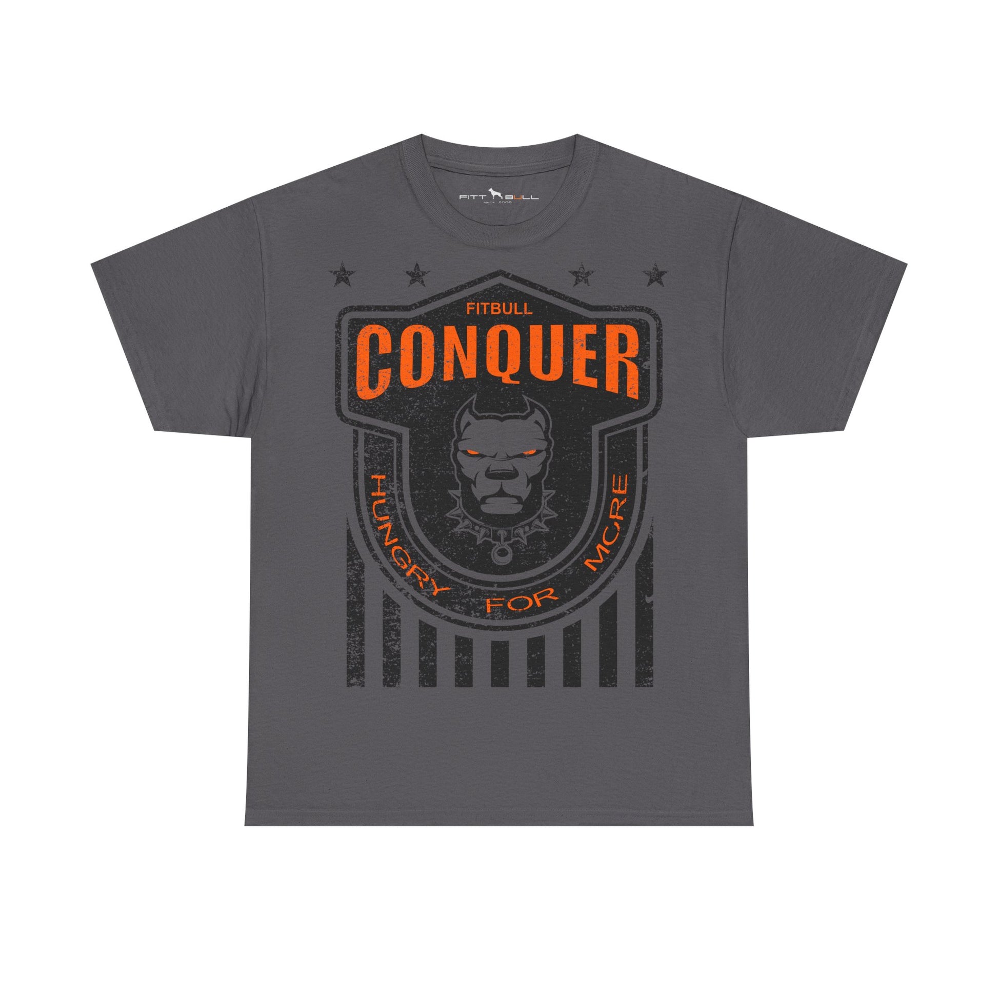 Gray Fitbull t-shirt with orange and black graphic design on a white background