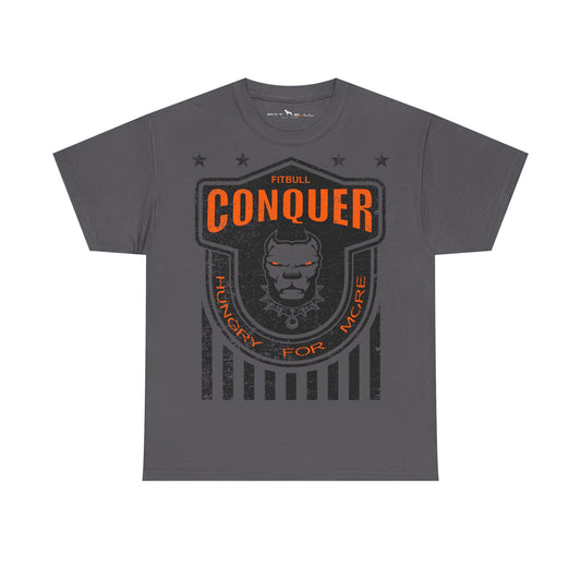 Gray Fitbull t-shirt with orange and black graphic design on a white background