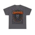 Gray Fitbull t-shirt with orange and black graphic design on a white background