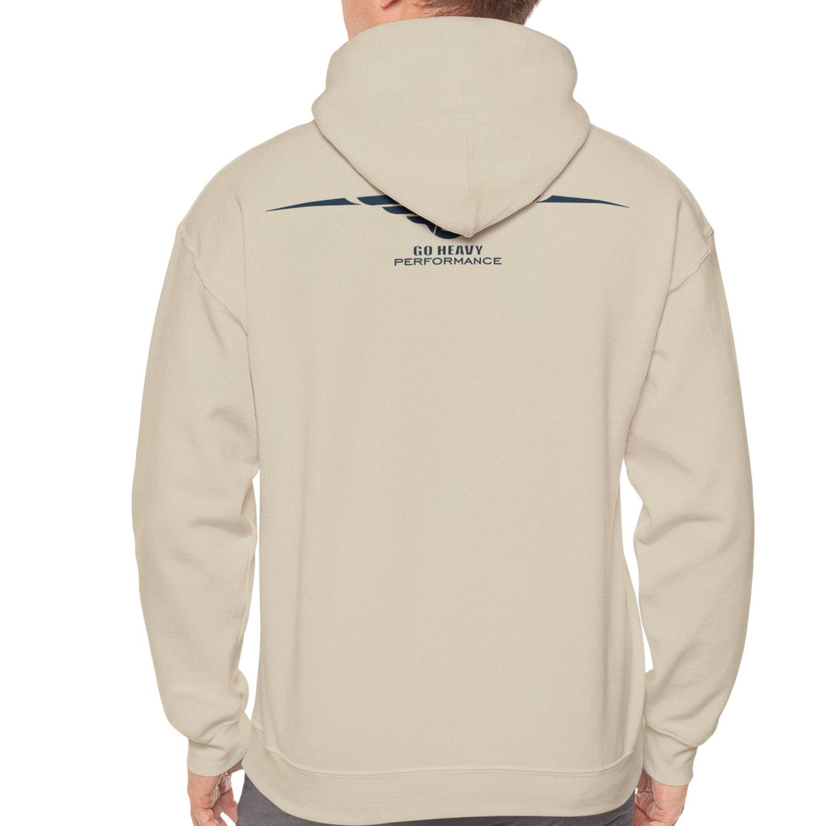 Person wearing a beige hoodie with 'STATUS: PENDING' text on the back, standing against a white background.