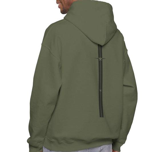 Person wearing a green Gymstar hoodie with a zipper on the back against a white background