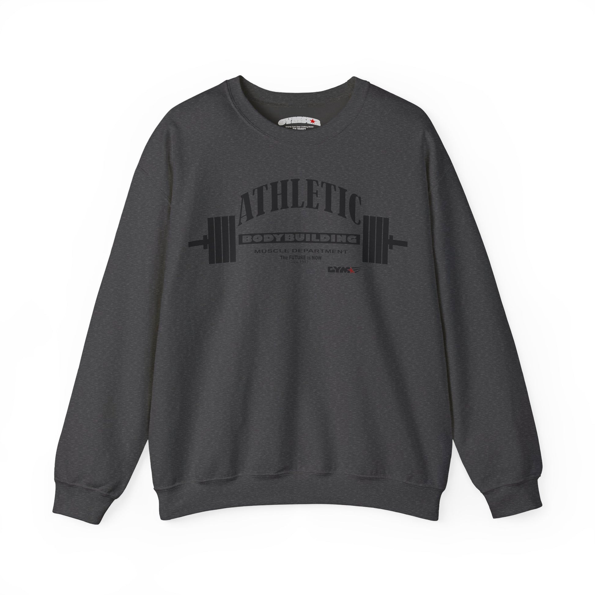 Dark gray Gymstar Athletic sweatshirt with 'love' text on a white background