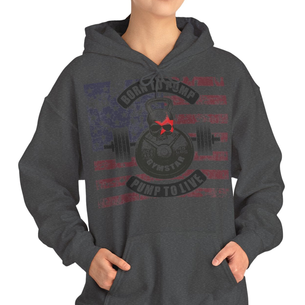 Person wearing a dark gray hoodie with a palm tree design on a white background