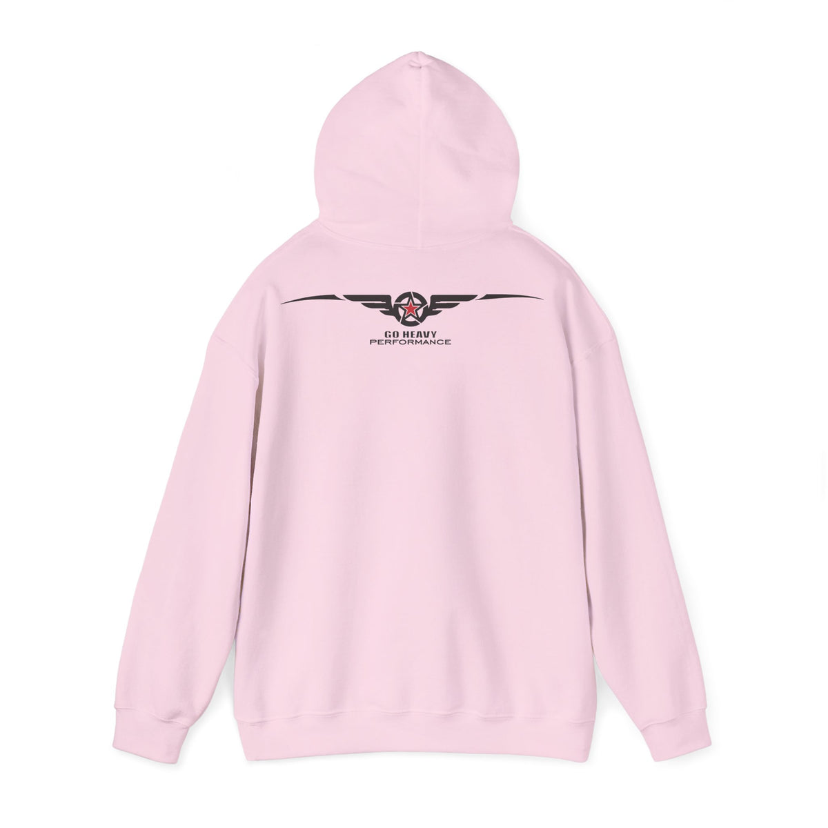 A light pink hoodie shown from the back, featuring a black and red winged logo with the text 'CO HART PERFORMANCE' printed on the upper back.