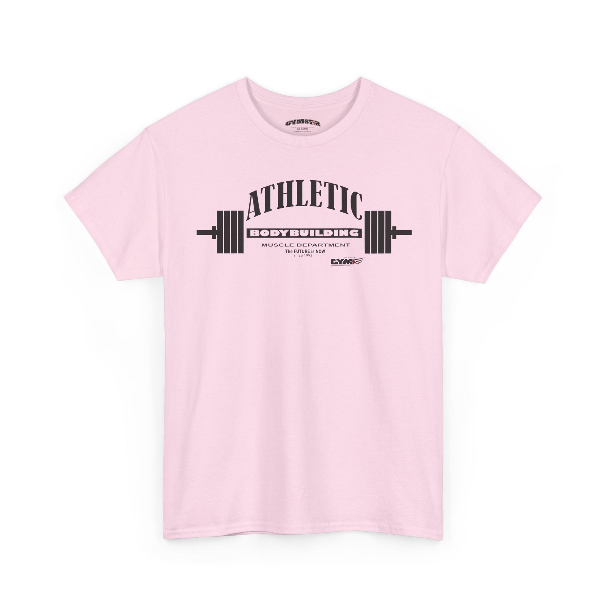 Pink Gymstar t-shirt with 'Athletic Bodybuilding' graphic on a white background