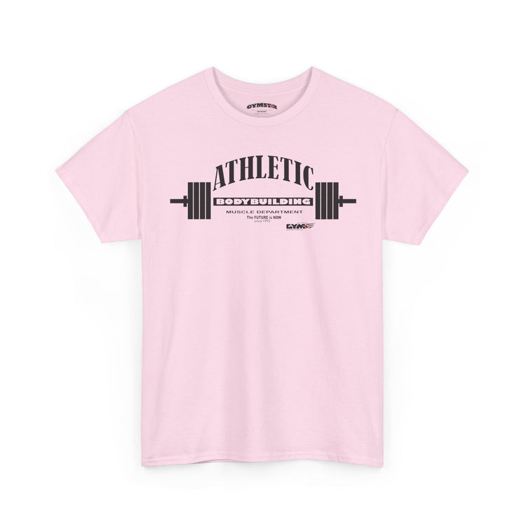 Pink Gymstar t-shirt with 'Athletic Bodybuilding' graphic on a white background