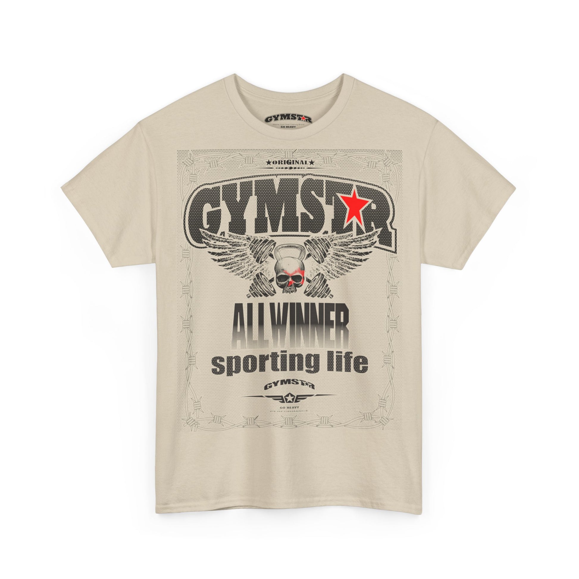 Beige t-shirt with 'GYMSTAR' graphic design on a white background