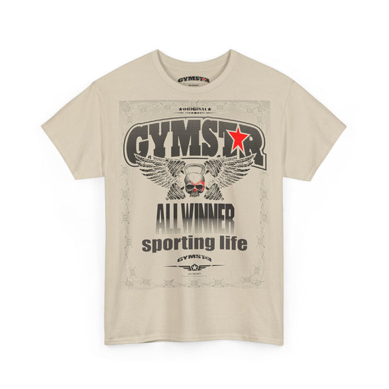 Beige t-shirt with 'GYMSTAR' graphic design on a white background