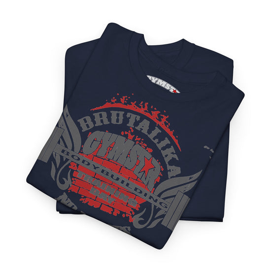 A folded navy blue t-shirt with a distressed red and gray graphic on the front, featuring the text 'BRUTAL KICK GYMSTAR EXIST BODYBUILDING'.