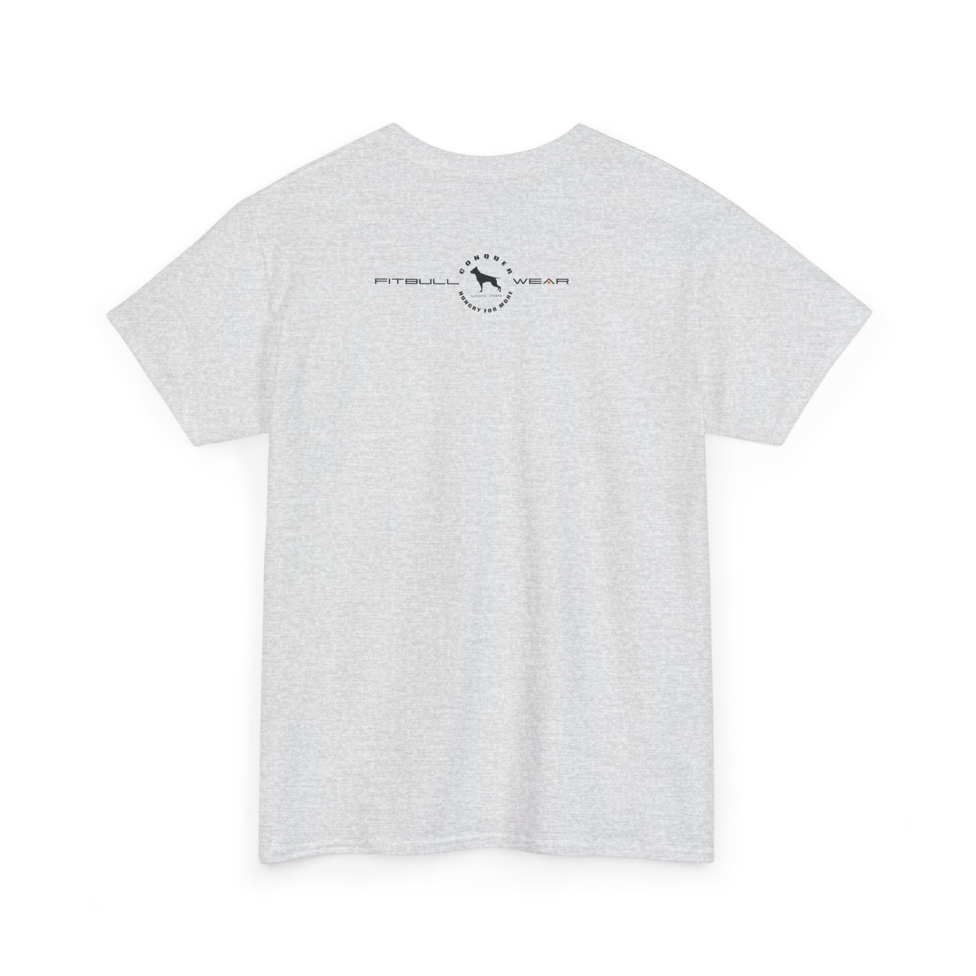 White FITBULL fitness t-shirt with a logo on the back against a white background