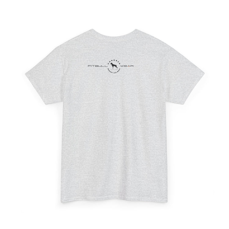 White FITBULL fitness t-shirt with a logo on the back against a white background