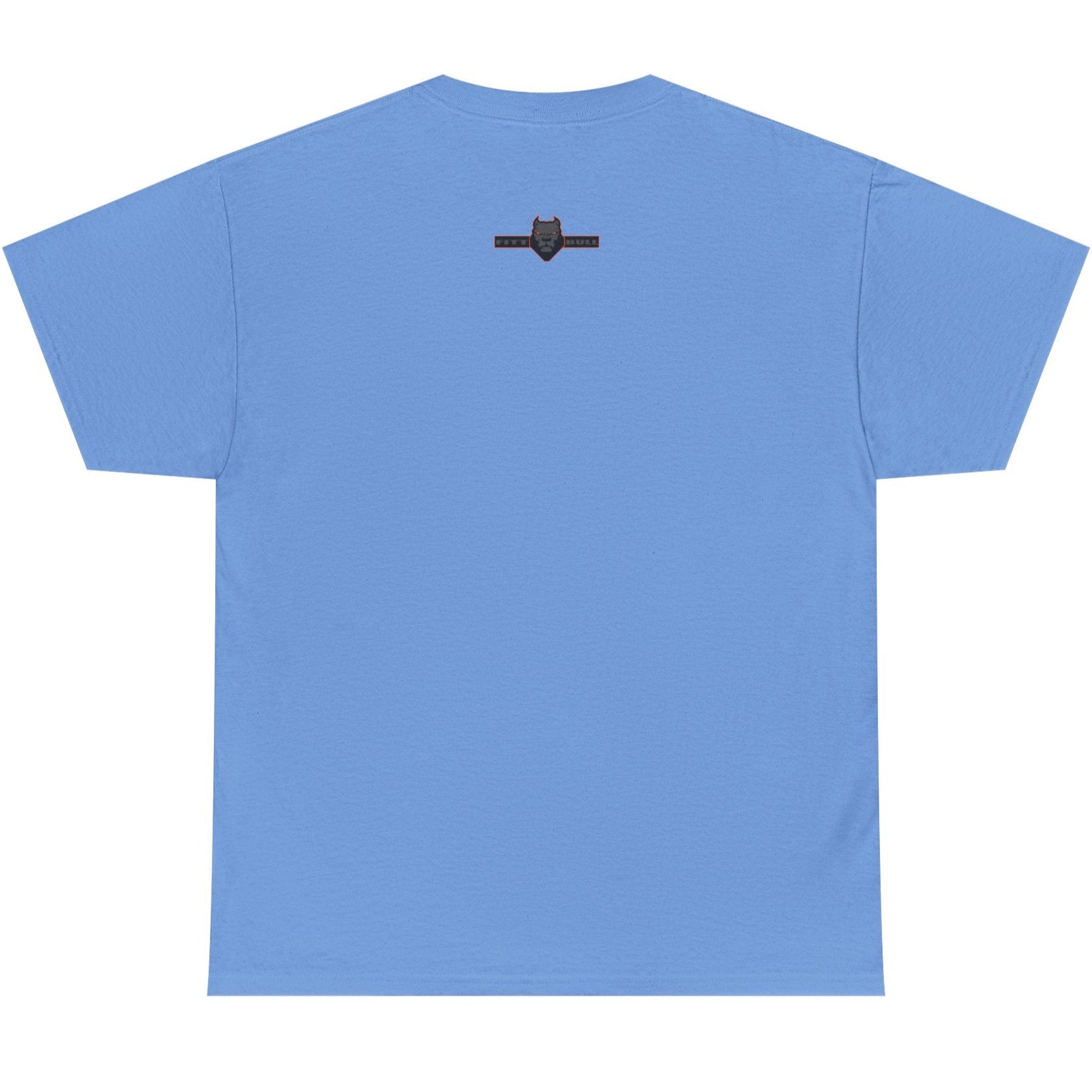 Blue t-shirt with a small black logo on the back against a white background