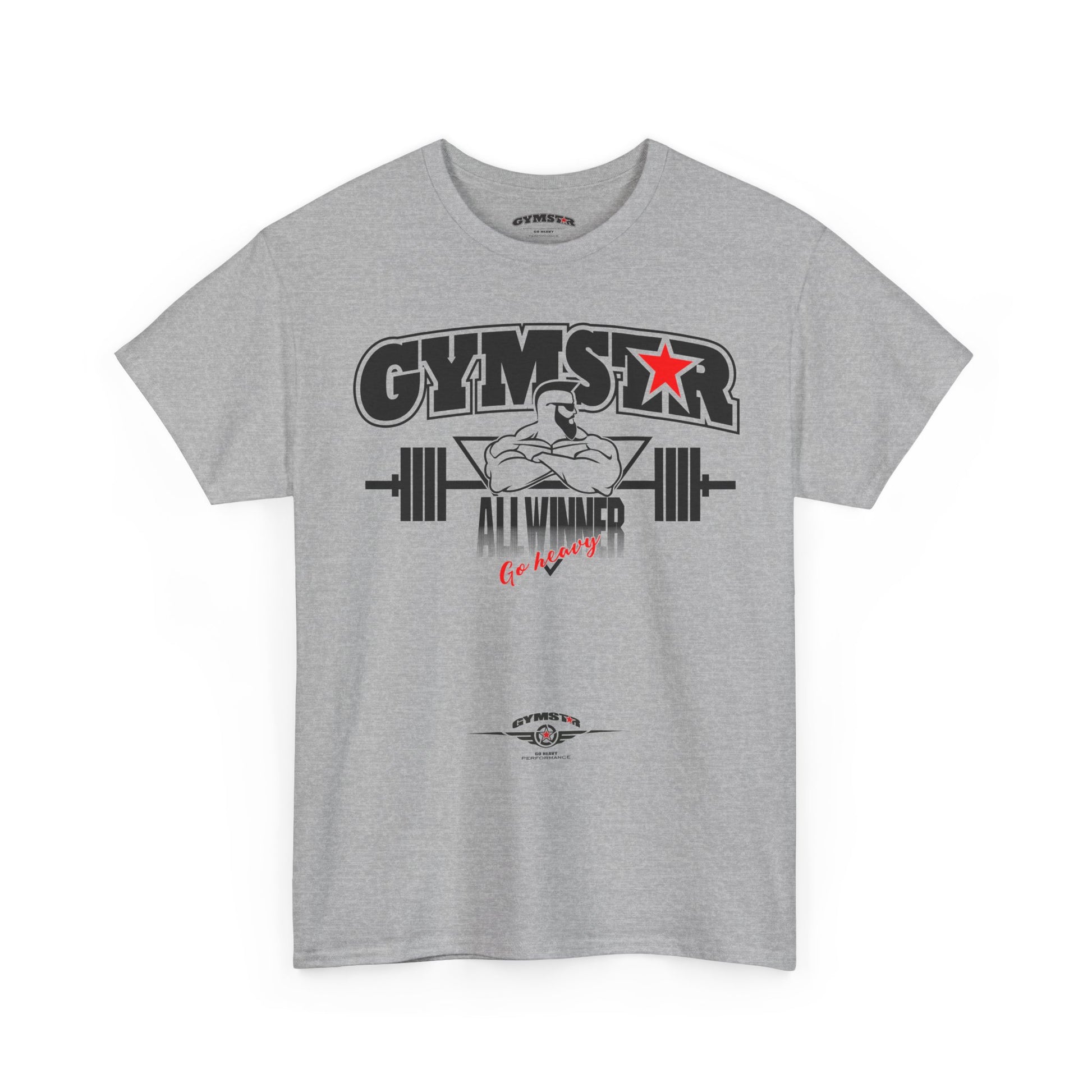 Gray t-shirt with 'GYMSTAR' graphic design on a white background
