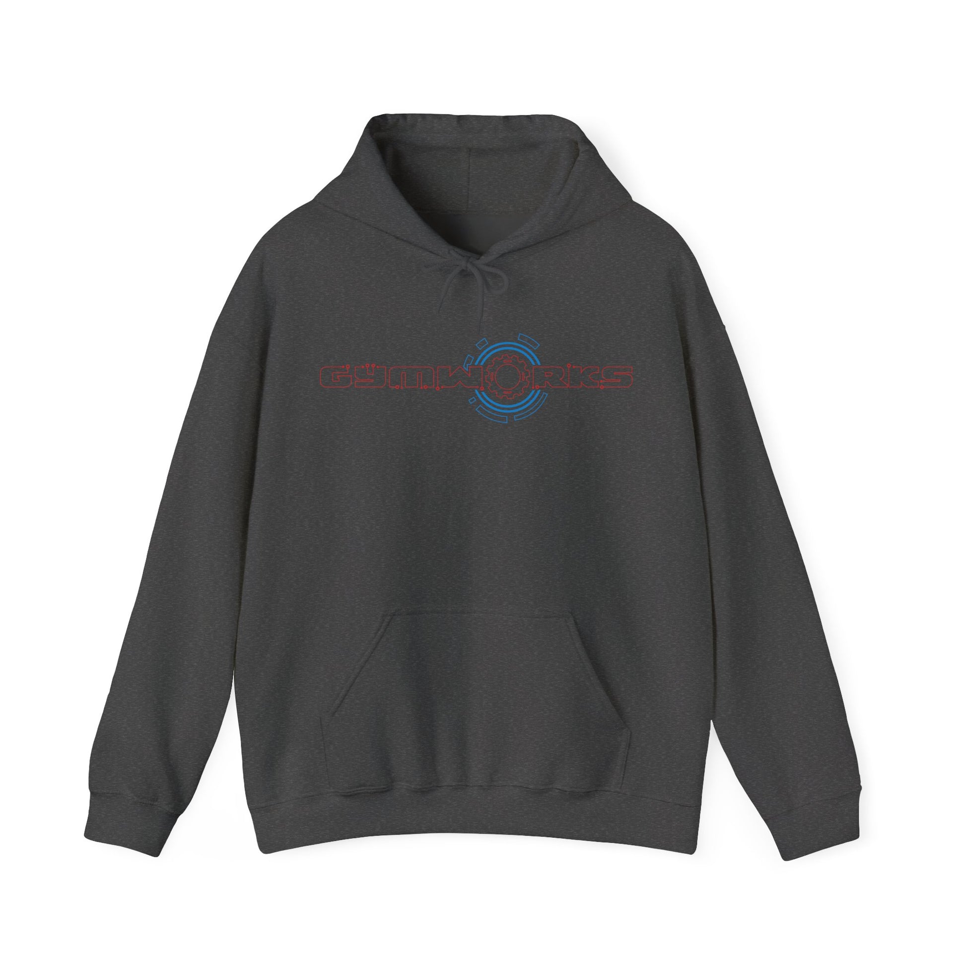 Grey Gymworks hoodie with a logo on the chest against a white background