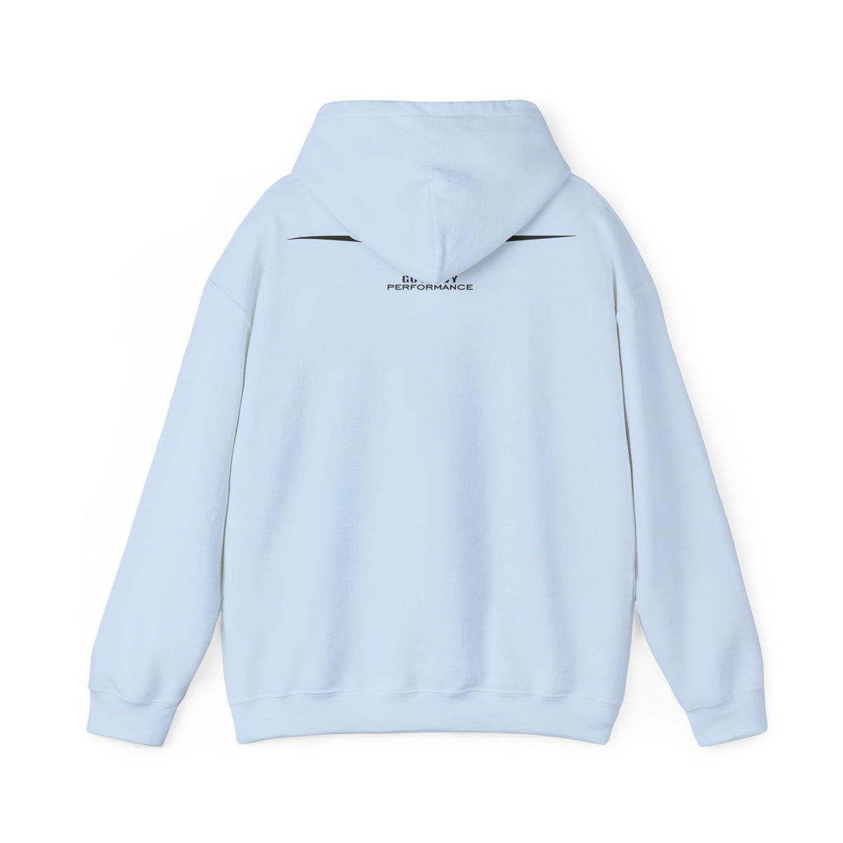 Light blue hoodie with a brand logo on the back against a white background