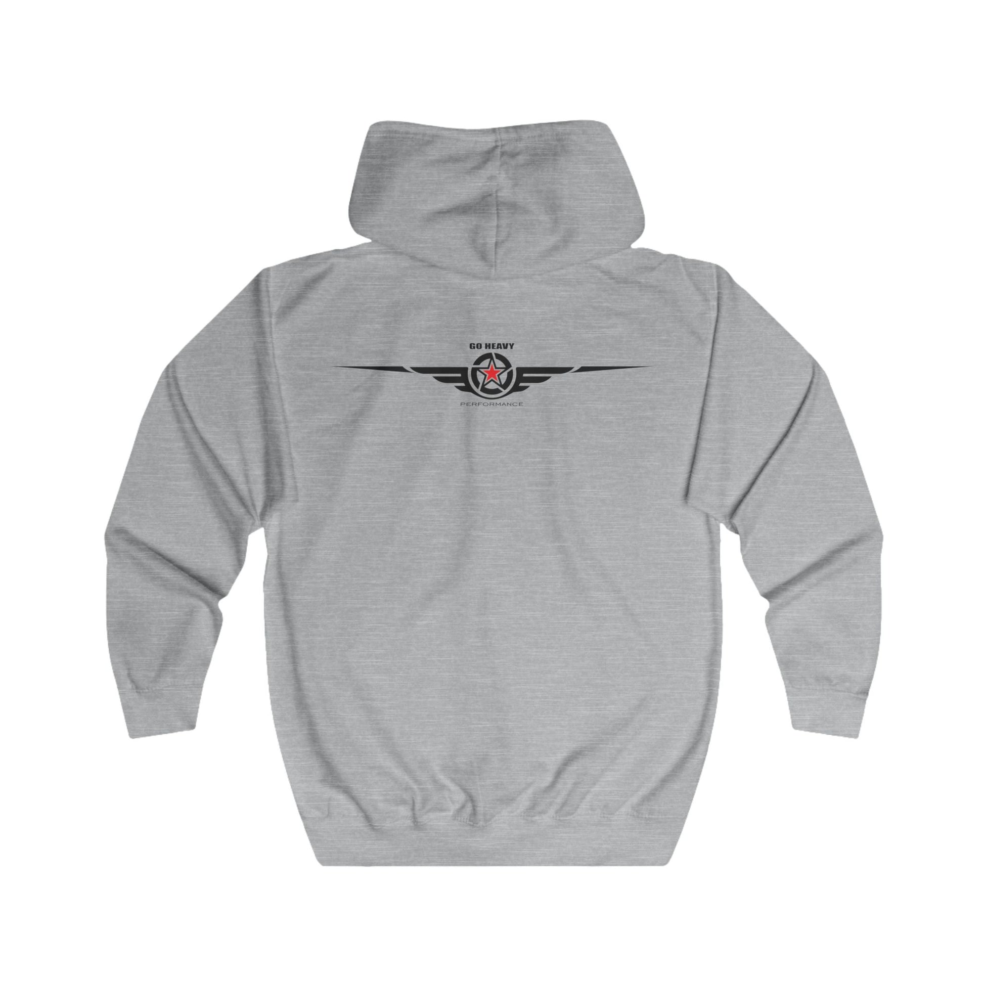 Gray hoodie with 'Print it your way' text on the back against a white background