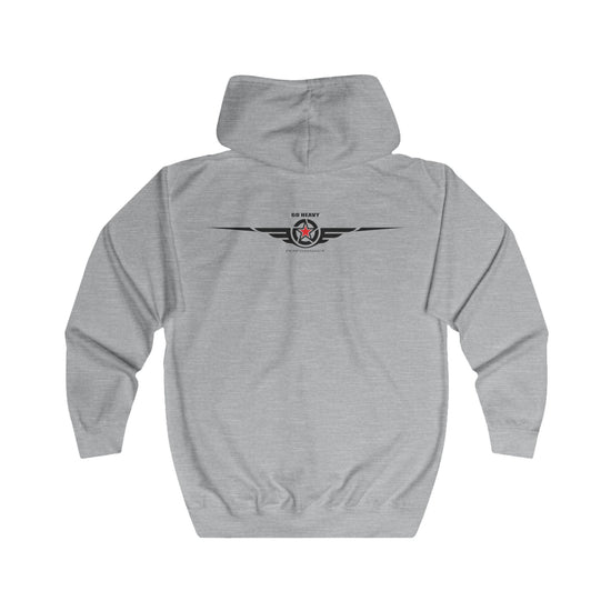 Gray hoodie with 'Print it your way' text on the back against a white background