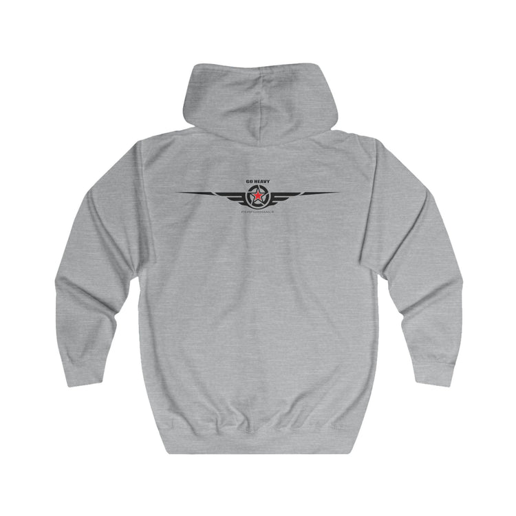 Gray hoodie with 'Print it your way' text on the back against a white background