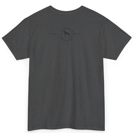 Dark gray t-shirt with a logo on the back against a white background