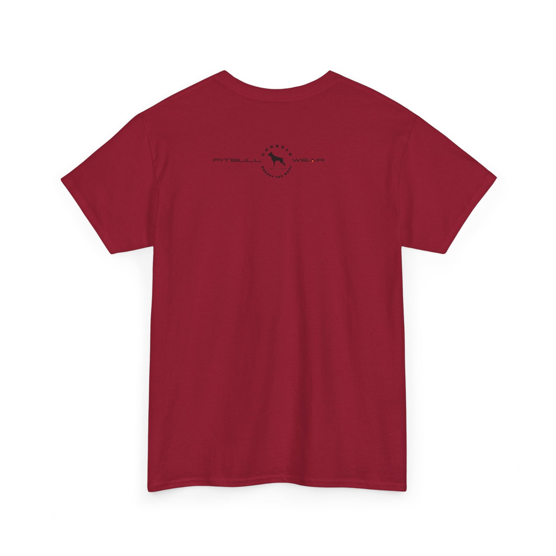 Red fitness FITBULL t-shirt with a logo on the back against a white background