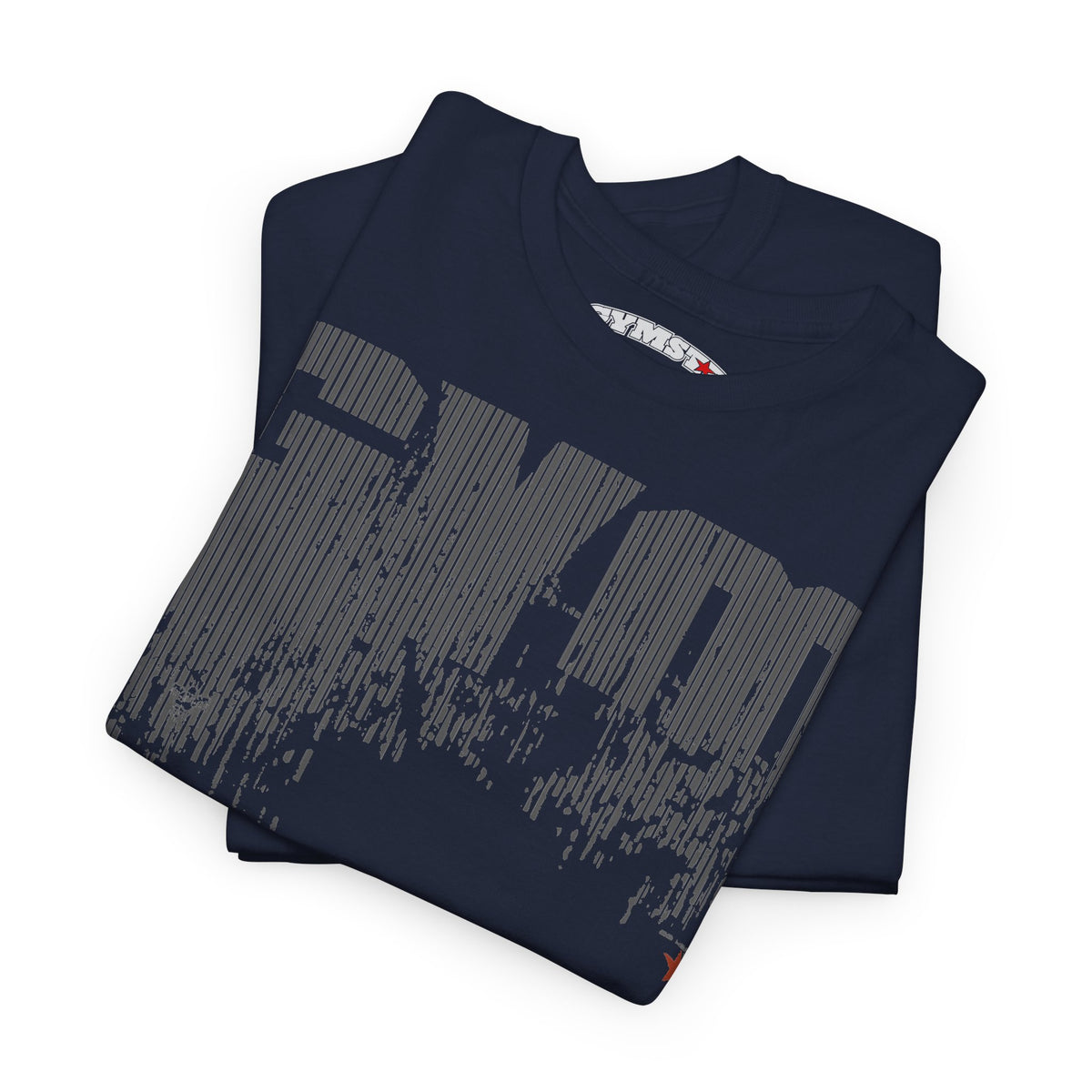 A folded navy blue t-shirt with a large gray distressed graphic on the front, displayed on a clean white background.