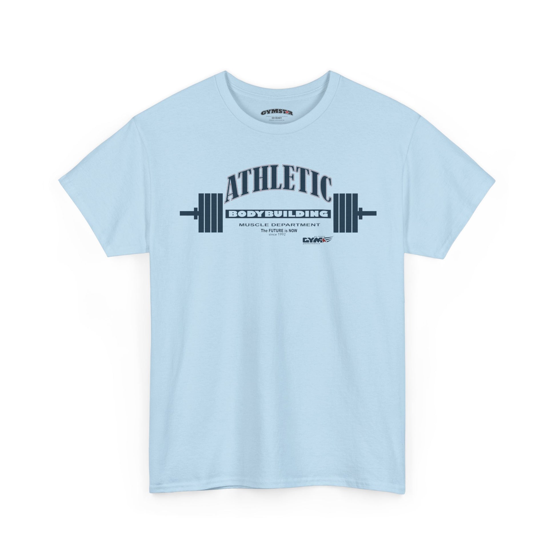 Light blue Gymstar t-shirt with 'Athletic Bodybuilding' text and barbell graphic on a white background