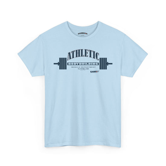 Light blue Gymstar t-shirt with 'Athletic Bodybuilding' text and barbell graphic on a white background