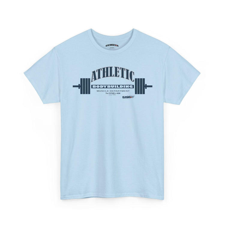 Light blue Gymstar t-shirt with 'Athletic Bodybuilding' text and barbell graphic on a white background