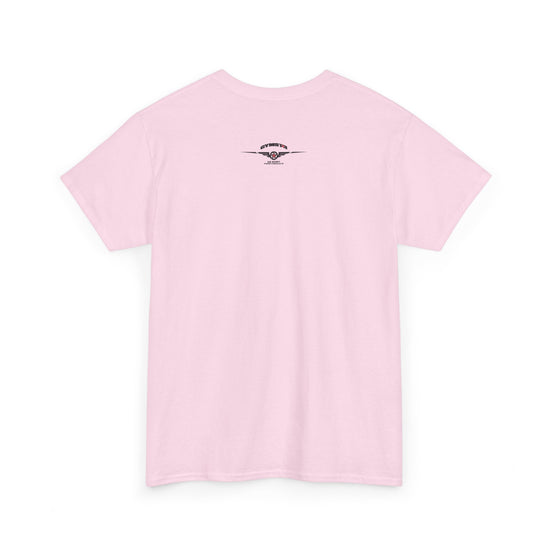 Pink t-shirt with text on the back against a white background