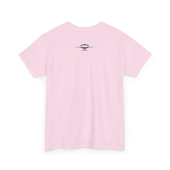 Pink t-shirt with text on the back against a white background