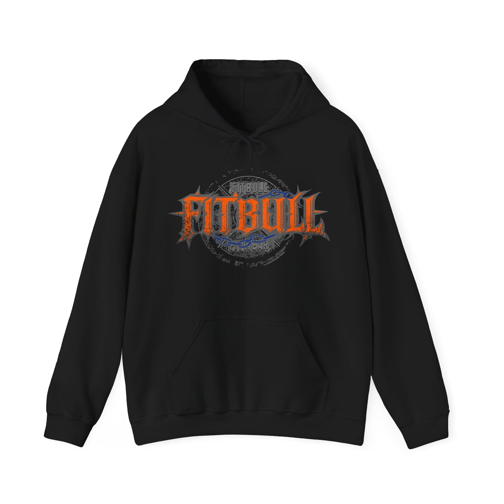 Black hoodie with a geometric FITBULL 
design on a white background