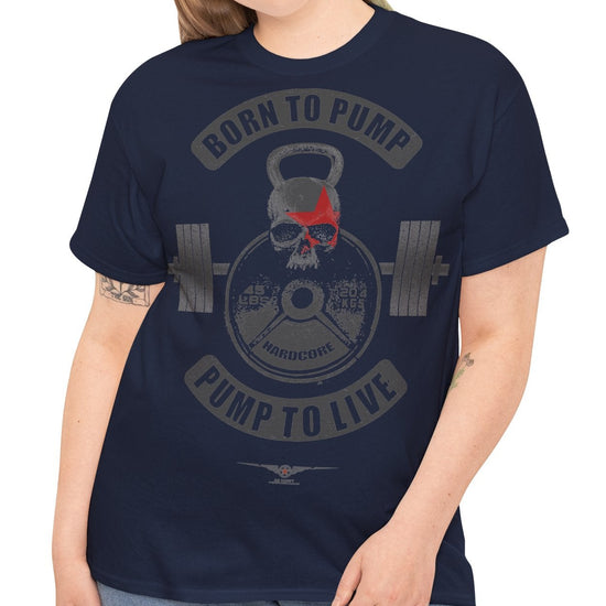 Person wearing a navy blue t-shirt with colorful rings design on a white background