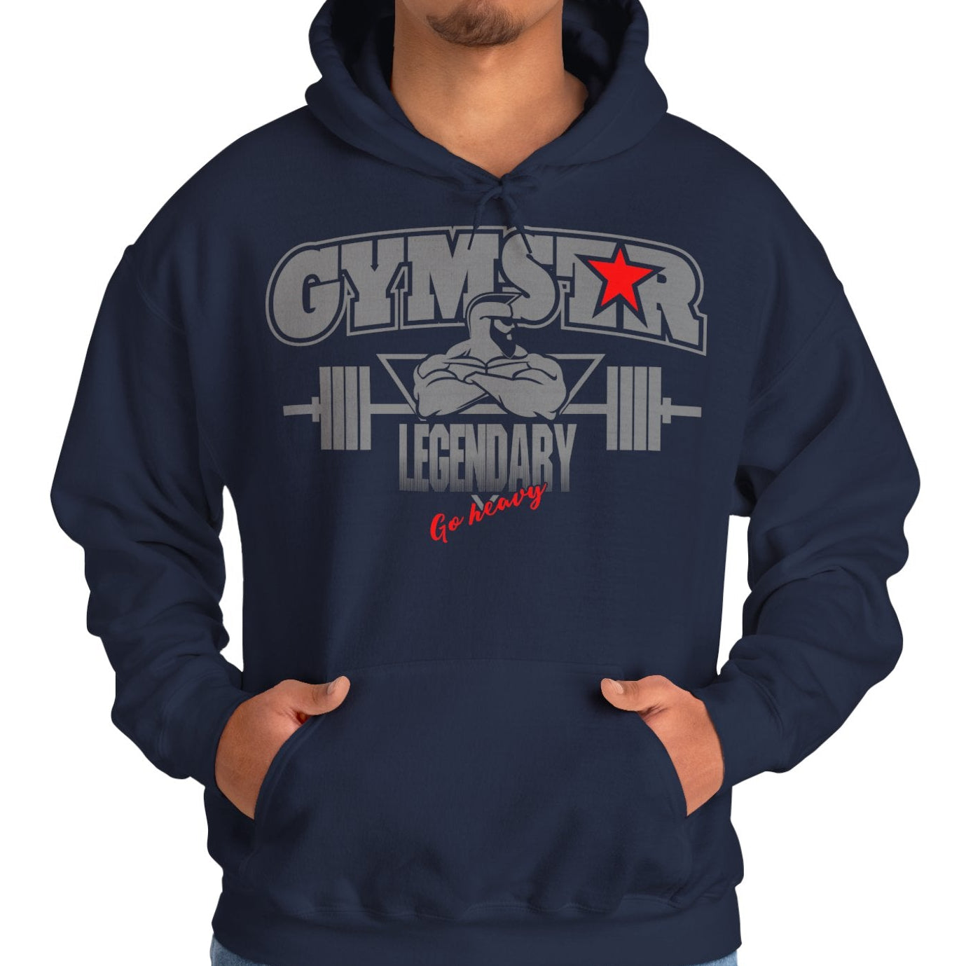Person wearing a navy blue hoodie with 'Gymstar Legendary' graphic on a white background