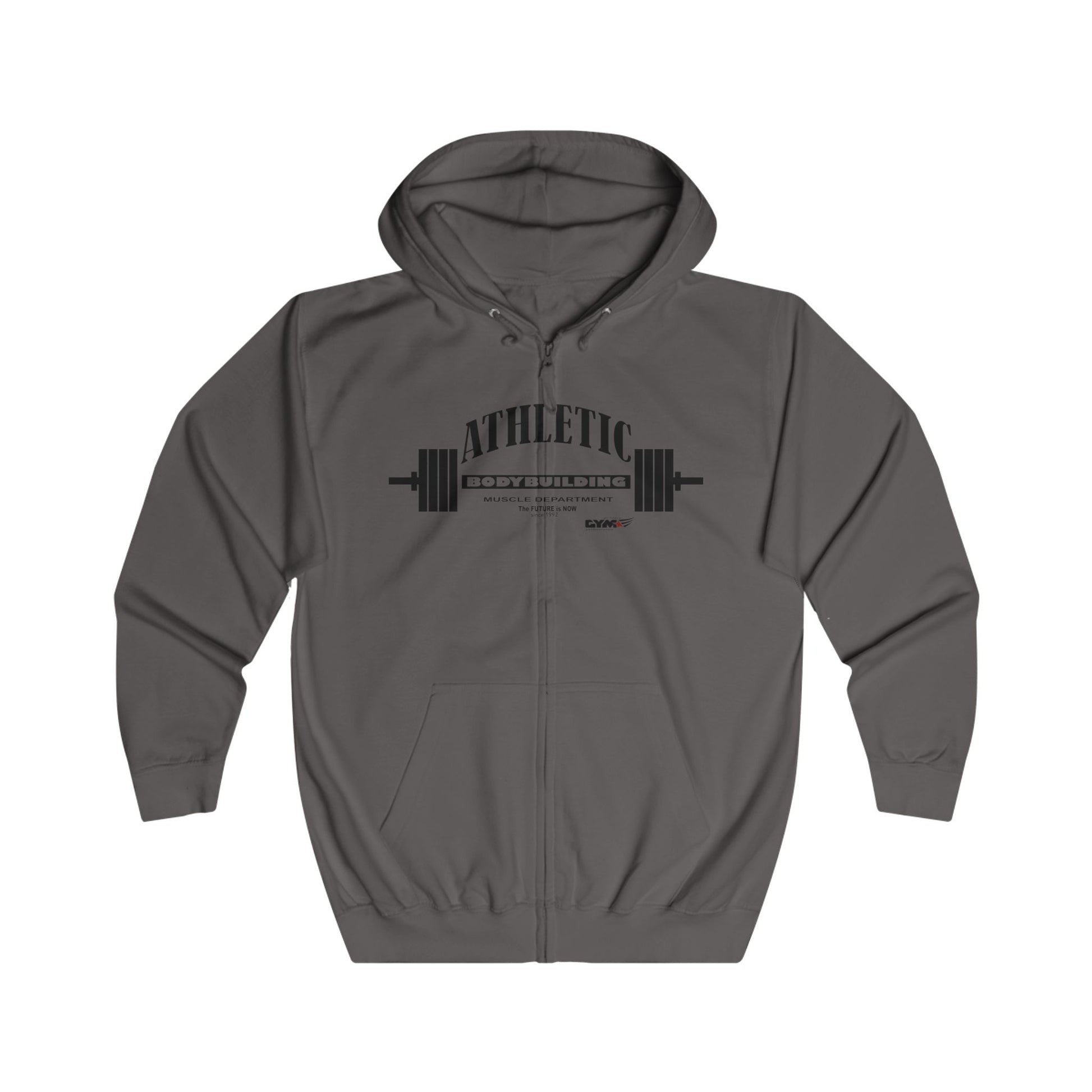 Gray Gymstar hoodie with 'Athletic' text and silhouette on a white background