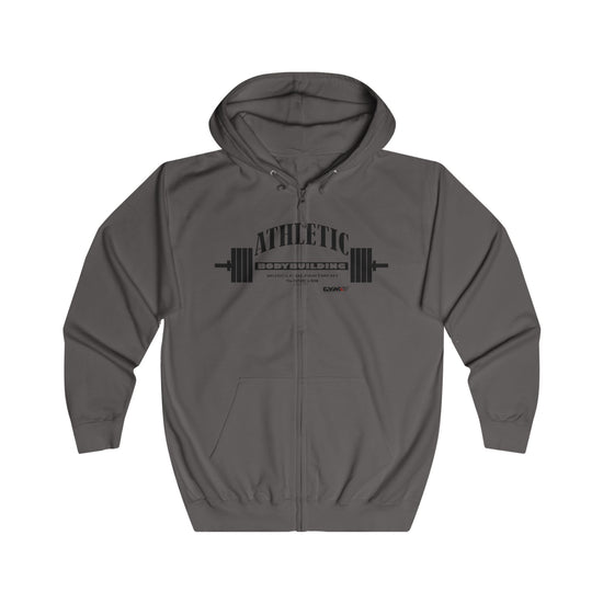 Gray Gymstar hoodie with 'Athletic' text and silhouette on a white background
