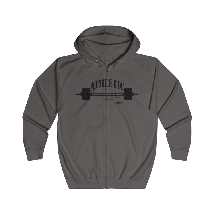 Gray Gymstar hoodie with 'Athletic' text and silhouette on a white background