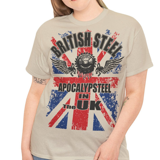 A woman modeling a beige graphic t-shirt with a distressed Union Jack design and the text 'BRITISH STEEL' and 'APOCALYPSTER! IN THE UK'.