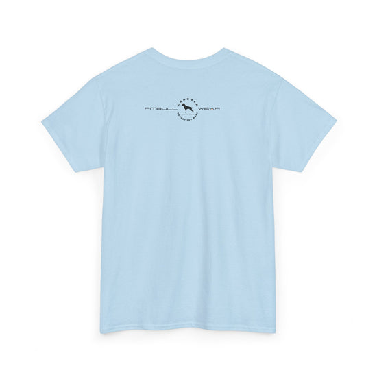 Light blue fitness FITBULL t-shirt with a logo on the back against a white background