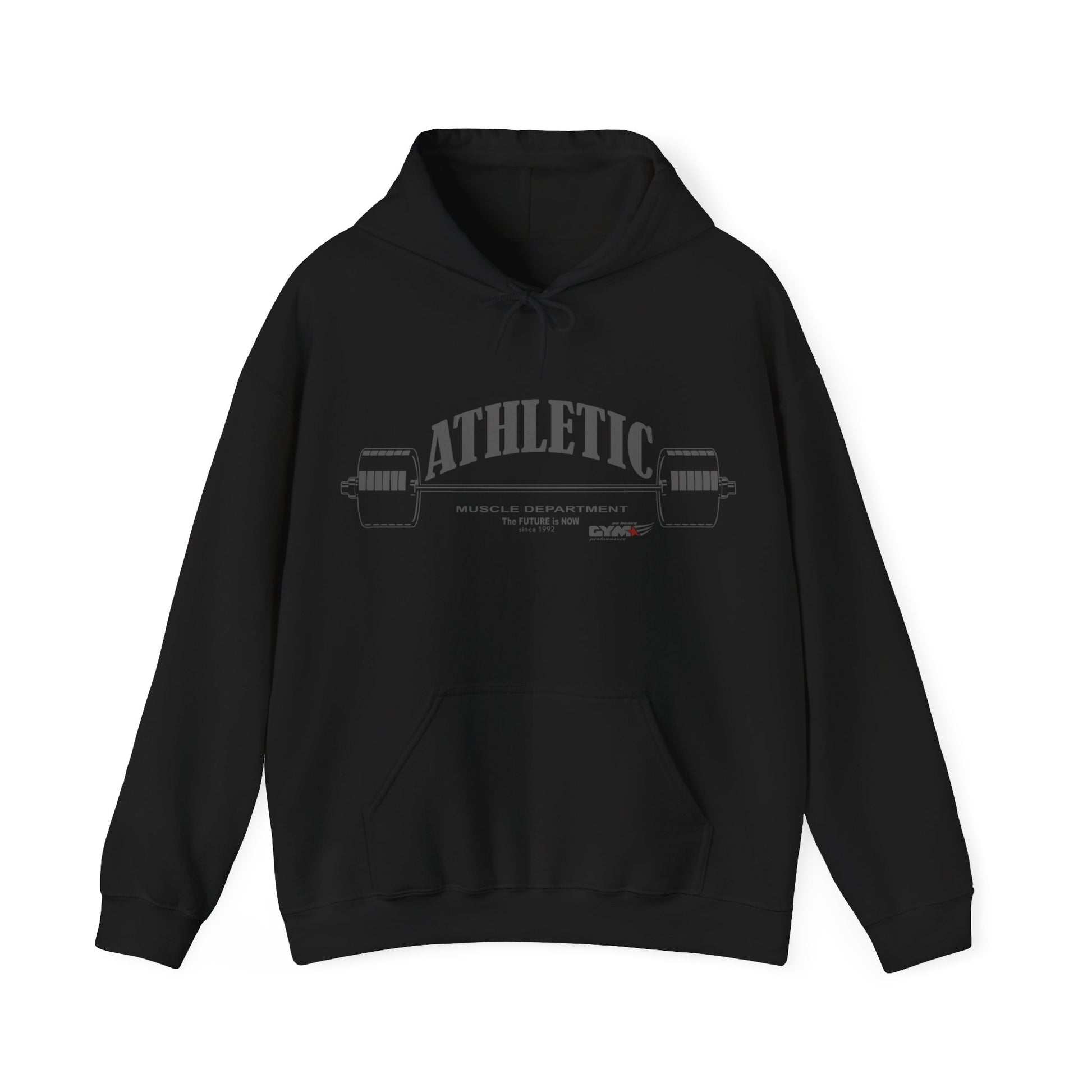 Black Gymsatr Athletic hoodie with a logo on a white background