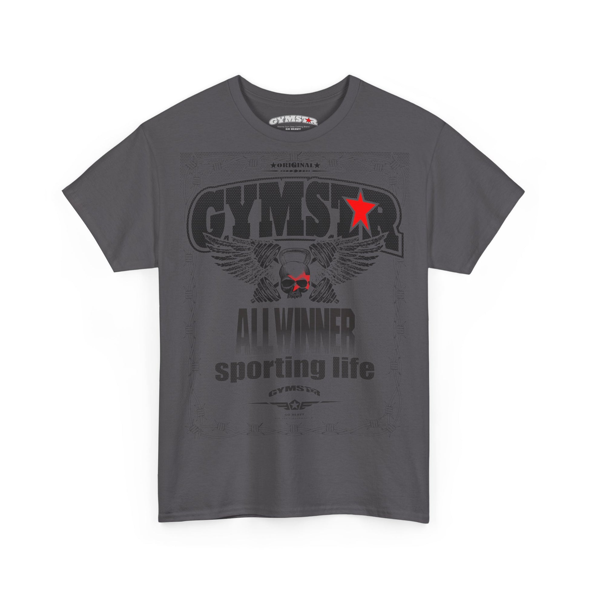 Gray t-shirt with 'GYMSTAR' logo and text on a white background