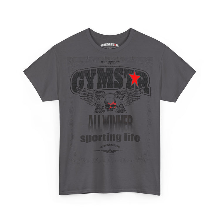 Gray t-shirt with 'GYMSTAR' logo and text on a white background