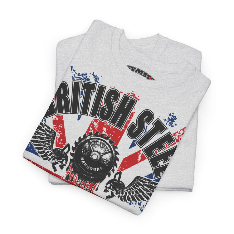 A folded light heather gray t-shirt featuring a distressed graphic print with the words 'BRITISH STEEL' in black, a circular saw blade emblem, wings, and a red, white, and blue Union Jack background, shown on a plain white studio background.
