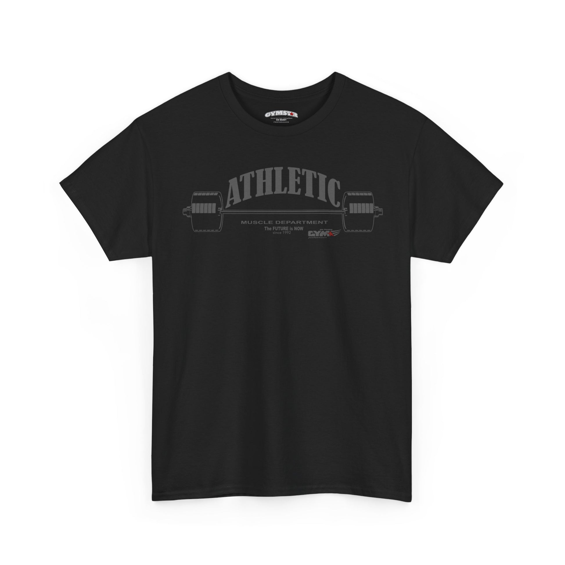 Black Gymstar t-shirt with eye test chart design on a white background