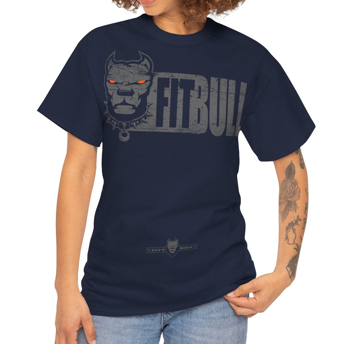 Person wearing a navy blue t-shirt with 'Fitbull' text on a white background