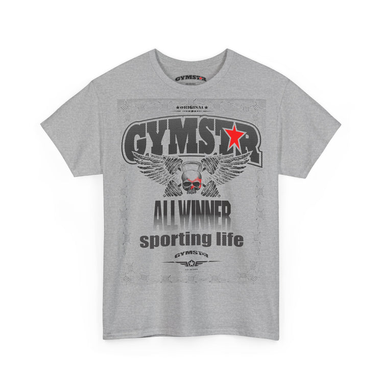 Gray t-shirt with 'GYMSTAR' logo and design on a white background