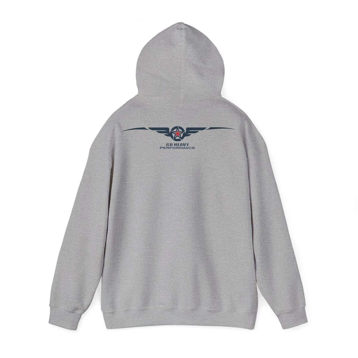 A light gray heather pullover hoodie shown from the back, featuring a small US Navy PENTAGON winged emblem printed in navy, red, and white on the upper back.