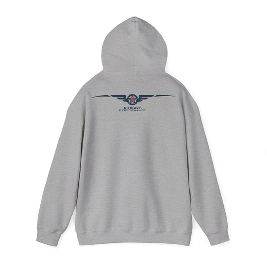 A light gray heather pullover hoodie shown from the back, featuring a small US Navy PENTAGON winged emblem printed in navy, red, and white on the upper back.